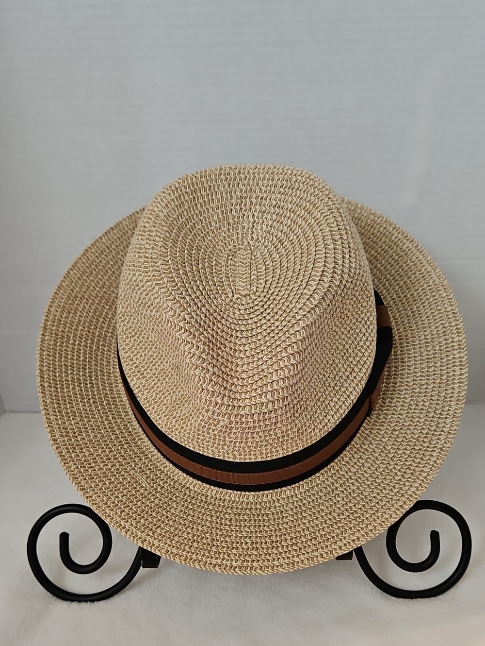 Nordstrom | NWOT Women's Natural Paper Straw Fedora Black Brown Bow Band Sz L XL